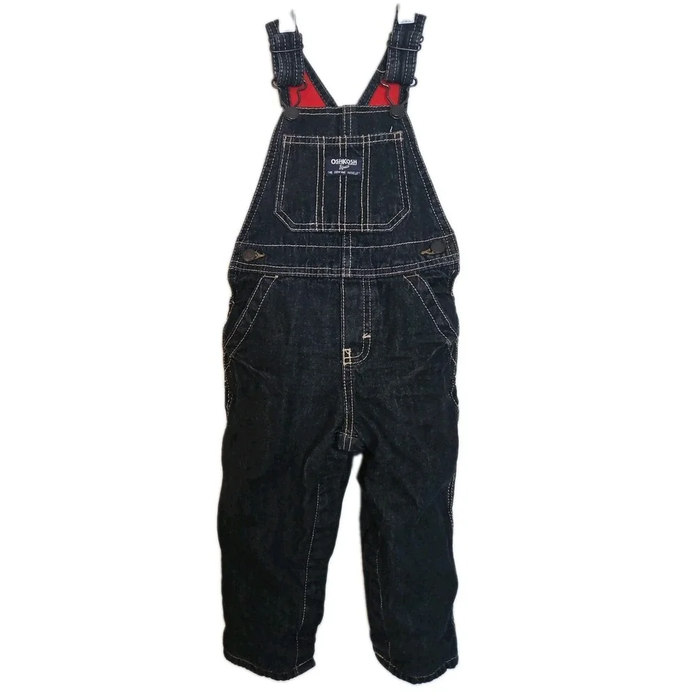 OshKosh Red Fleece Lined Dark Wash Denim Jean Bib Overalls Baby Boys 24 Months